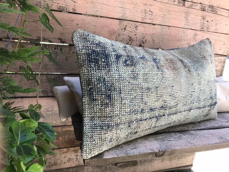 Vintage Turkish Anatolian rectangular Handwoven Wool carpet Pillowcase overdye pillow