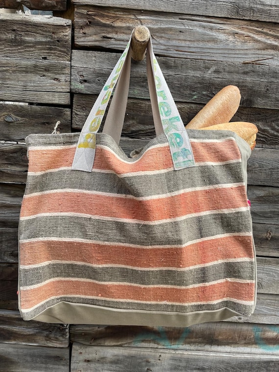 Vintage Anatolian Rug Tote, Handwoven Striped Market Bag