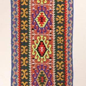 May include: A long, rectangular rug with a geometric pattern. The rug features a central design of diamonds and other shapes in red, green, yellow, and purple. The borders are blue and tan.