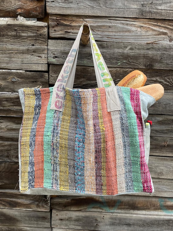 Vintage Anatolian Rug Tote, Handwoven Striped Market Bag