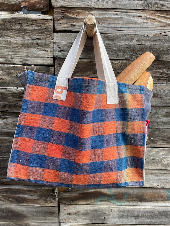Vintage Anatolian Rug Tote, Handwoven Striped Market Bag