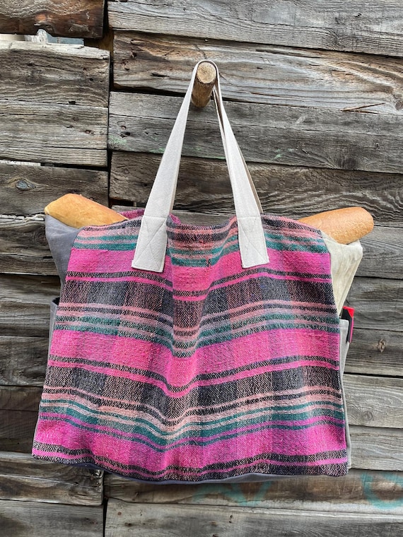 Vintage Anatolian Rug Tote, Handwoven Striped Market Bag