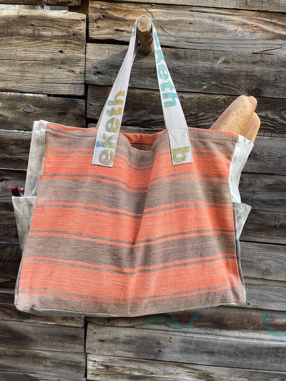 Vintage Anatolian Rug Tote, Handwoven Striped Market Bag