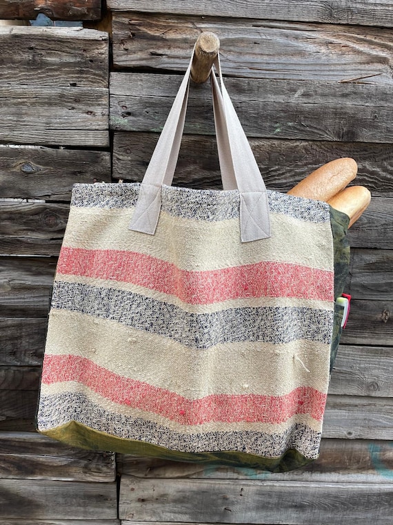 Vintage Anatolian Rug Tote, Handwoven Striped Market Bag