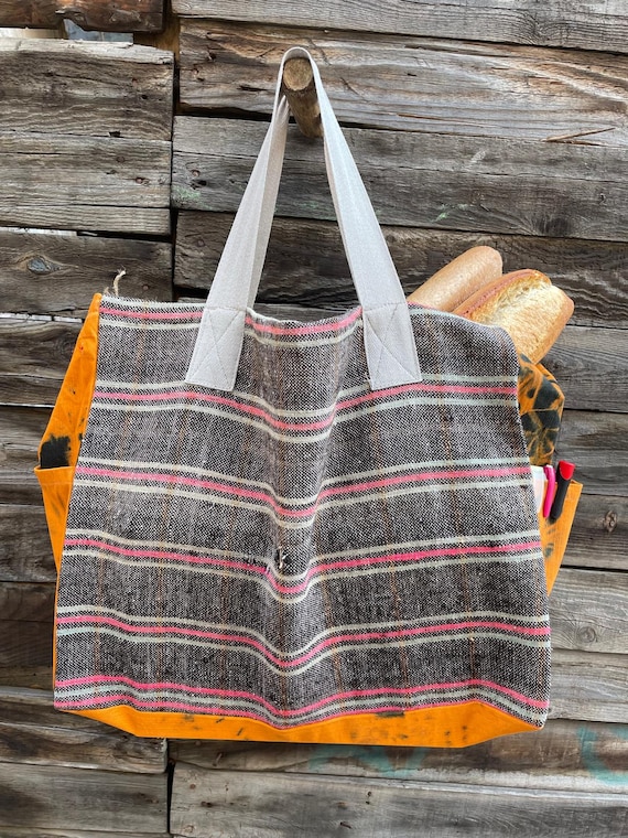 Vintage Anatolian Rug Tote, Handwoven Striped Market Bag