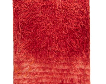 May include: A rectangular, vibrant red rug with a shaggy, textured surface. The rug's upper portion has a dense, fluffy appearance, while the lower section features horizontal, fringed lines. The rug is set against a white background.
