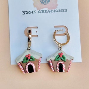 Gingerbread House Earrings, Cute 3D Gingerbread House Dangles, Christmas Gingerbread House Huggies Earrings, Santa Workshop Earrings.