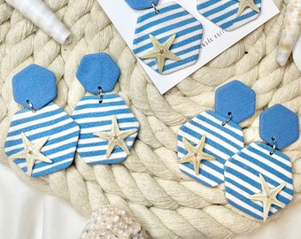 Beach Clay Earrings: Real Starfish, Blue & White Stripes