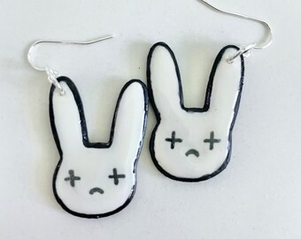 Bad bunny logo polymer clay earrings, white rabbit, reguetonero summer earrings.