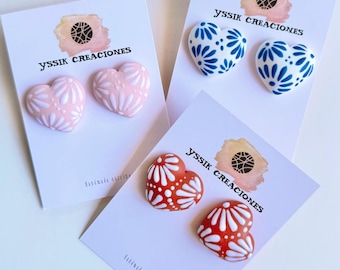 Hand-Painted Talavera Heart Earrings: Mexican Pottery Inspired