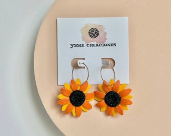 Handmade Two-Tone Sunflower Polymer Clay Hoop Earrings