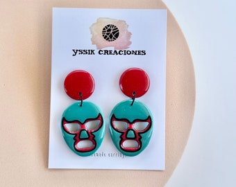 Luchador Clay Earrings-Mexican Wrestler-Mexican Earrings-Wrestling Mask-Nacho libre-El Santo-Blue Demon-Wrestling of Mexico.