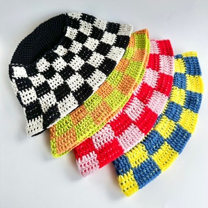 Crochet Checkered Bucket Hat, Retro Bucket Hat, Bi Color Chessboard Hat.