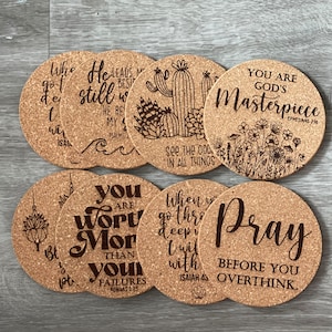 Inspirational Coasters/Cork/Coaster/Drink/Laser Engraved/Christian/scripture/God
