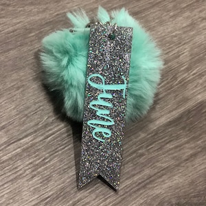Name keychain, personalized gift, purse tag, Pom Pom keychain