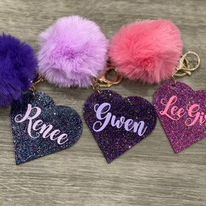 Personalized heart name keychain with Pom Pom