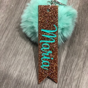 Personalized name keychain with Pom Pom, custom, glitter, engraved, purse tag