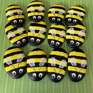 Set of Hand Painted Bumble Bee Rocks, small gift, home decor, garden decoration