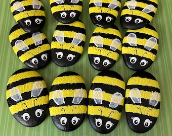 Set of Hand Painted Bumble Bee Rocks, small gift, home decor, garden decoration