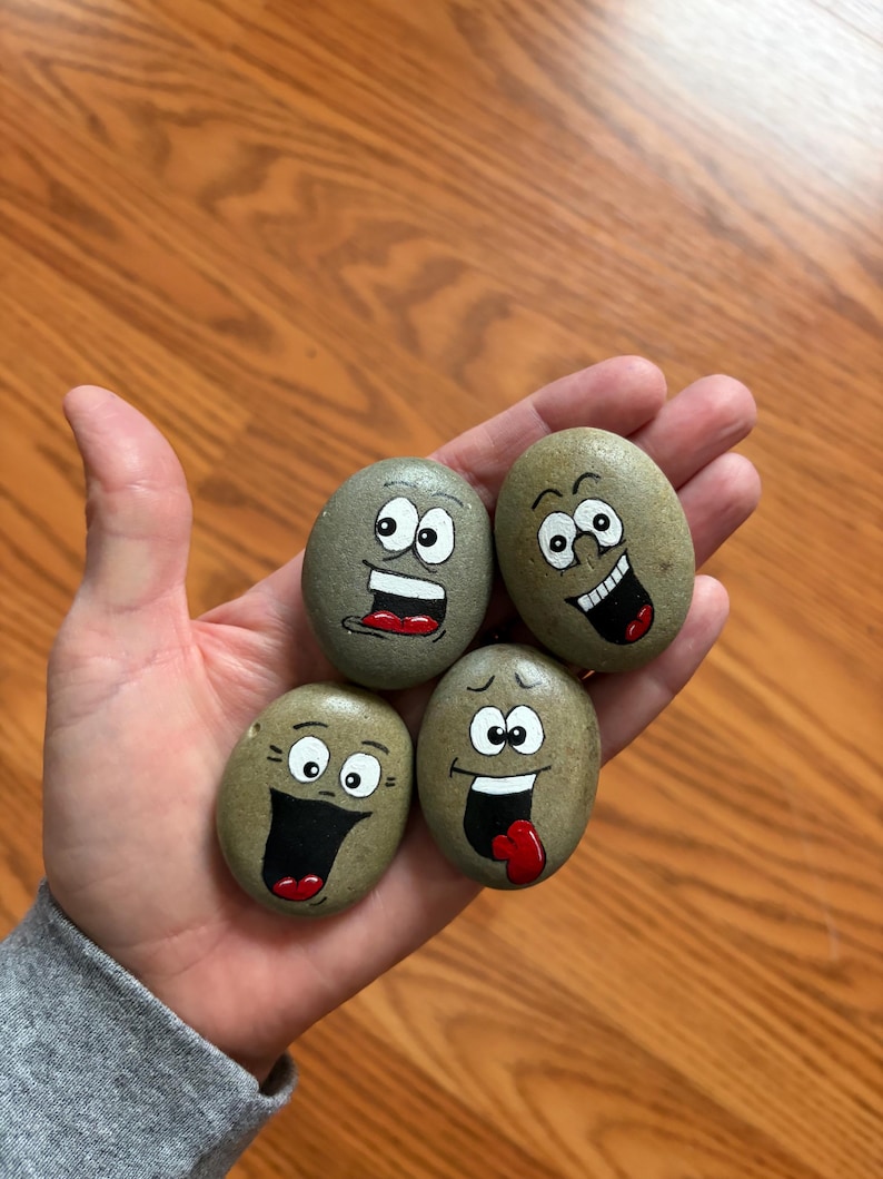 Custom Set of Funny Face Painted Rocks, Garden Decorations, Small Gift ...