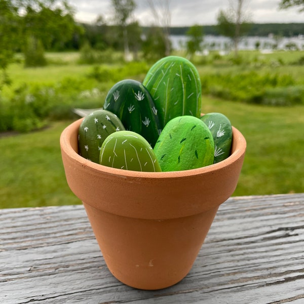 Hand Painted Cactus Rocks, Desert Stone Art, Small Gift, Garden Decor
