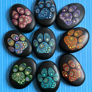 Dot Art Paw Print Painted Stone, Pet Memorial Stone Art, Small Gift, Customizable