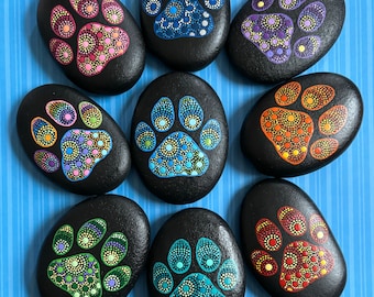 Dot Art Paw Print Painted Stone, Pet Memorial Stone Art, Small Gift, Customizable
