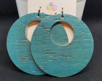 Genuine Cork on Leather Earrings Open Circle Turquoise