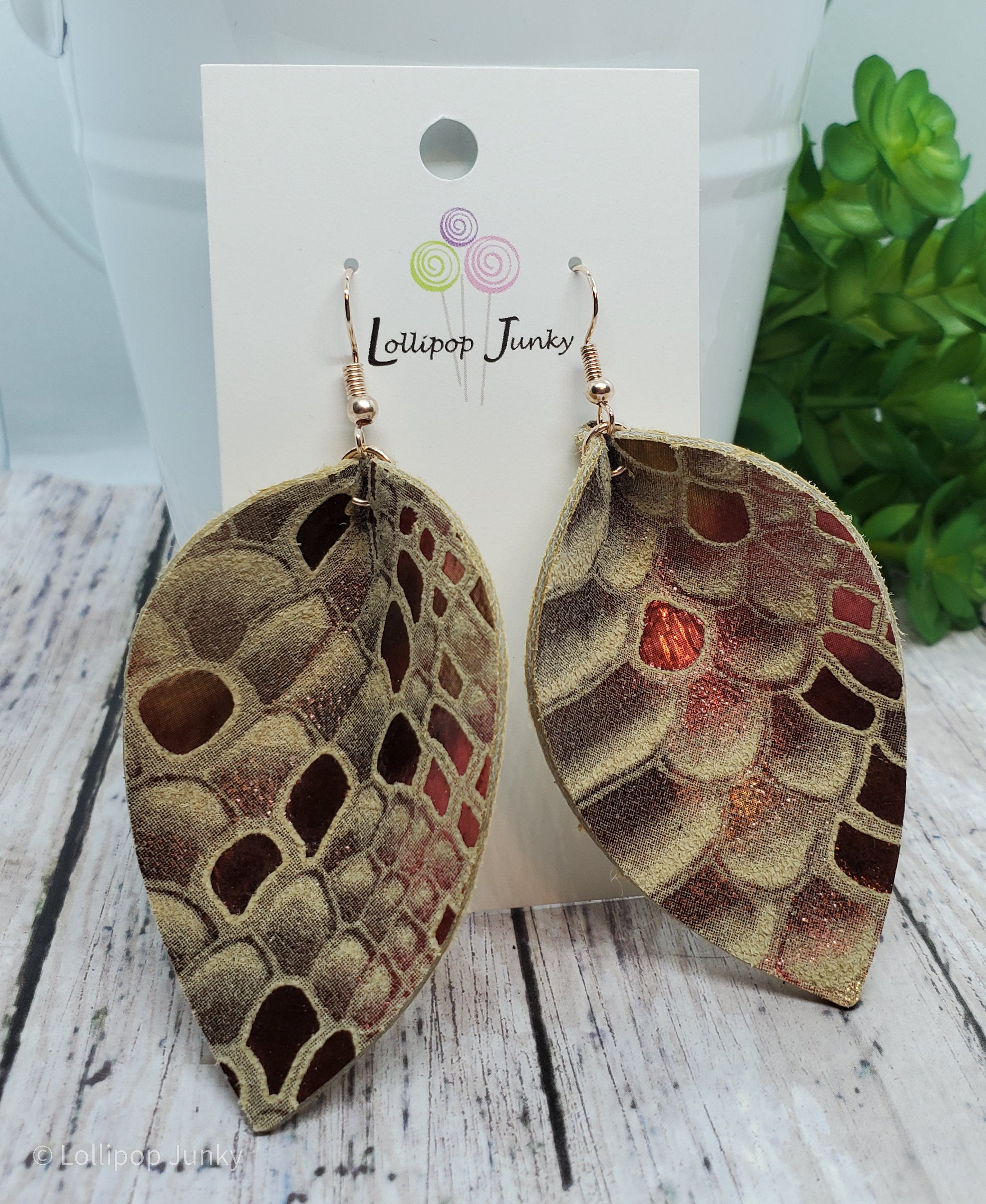 Genuine Leather Earrings Pinched Petal Rose Gold Snakeskin Etsy UK