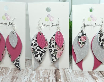 Genuine Leather Earrings, Paisley Earrings, Pink Earrings, Silver Earrings, Leopard Earrings, Dangle Earrings, Lightweight Earrings