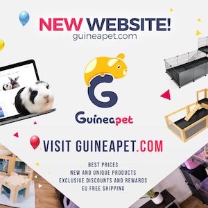 Pode incluir: Um site para suprimentos de porquinhos-da-&iacute;ndia com o texto "VISIT GUINEAPET.COM" e um logotipo de um porquinho-da-&iacute;ndia amarelo com a letra "G" no meio. O site oferece frete gr&aacute;tis em pedidos acima de 60 &euro;. A imagem tamb&eacute;m mostra v&aacute;rias gaiolas e acess&oacute;rios para porquinhos-da-&iacute;ndia.