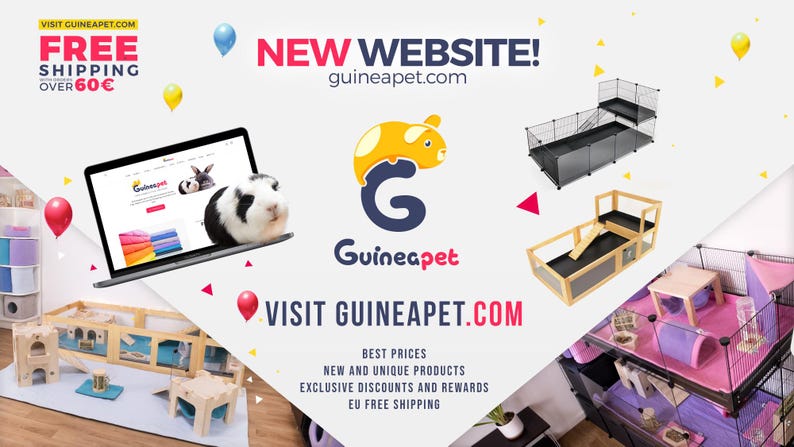 Pode incluir: Um site para suprimentos de porquinhos-da-&iacute;ndia com o texto "VISIT GUINEAPET.COM" e um logotipo de um porquinho-da-&iacute;ndia amarelo com a letra "G" no meio. O site oferece frete gr&aacute;tis em pedidos acima de 60 &euro;. A imagem tamb&eacute;m mostra v&aacute;rias gaiolas e acess&oacute;rios para porquinhos-da-&iacute;ndia.