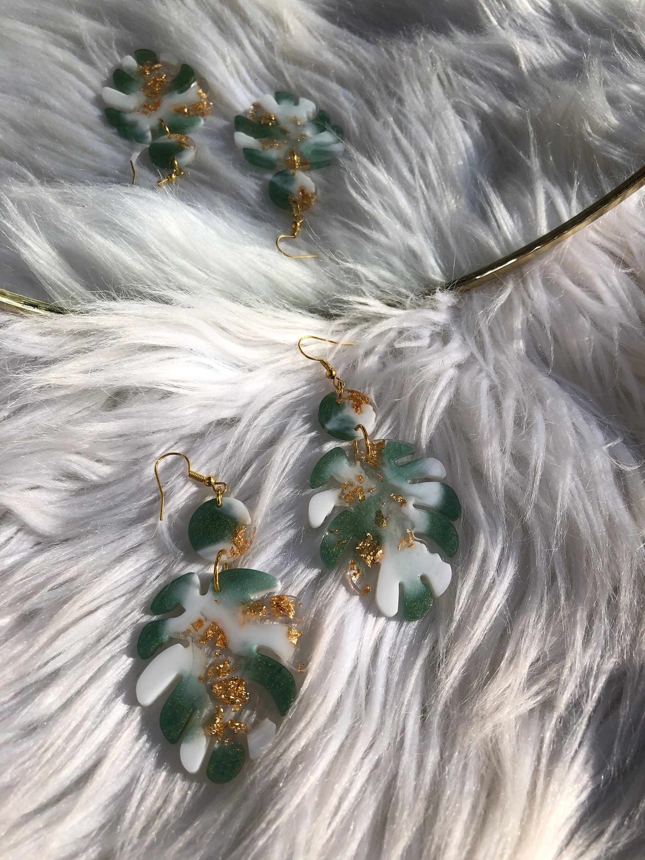 Green Leaf Resin Earrings Statement Accessories Gold Leaf Etsy