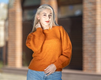 Warm Soft Knit ,Orange Pullover, Cozy Comfy Crewneck Sweater, Retro Vintage Trends, Cute Aesthetic Fashion, Soft Sweater B4