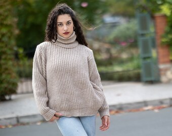 Beige Pullover,  English Rib  Sweater , Alpaca Sweater , Soft Winter Jumper , Winter T neck B111