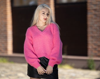 Casual V neck Sweater, Pink Knitted Sweater, Classic Sweater, Sweater For Women, Soft Sweater, Fall Sweater, Soft Sweater B7