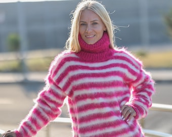 Striped Jumper,  Alpaca Sweater , Soft Winter Jumper , Pink Fuzzy Sweater, Hairy Turtleneck , By Tiffy Sweater B105