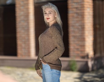 Gold Knit Jumper, Metallised fashion sweater, Gold slouchy sweater  B20