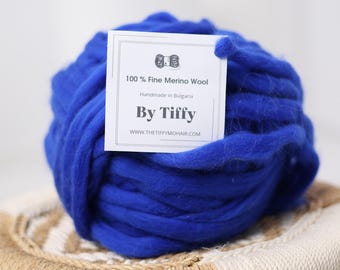 Hilo de lana merino azul real hilado a mano, supervoluminoso (100 g)