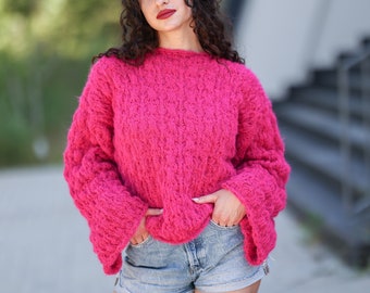 Extra soft jumper,  Pink alpaca  sweater ,  sheer pullover , Lace knit sweater. See-through sweater , Chunky knit sweater B79