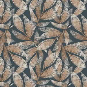 May include: A seamless pattern featuring brown and white leaves on a dark blue background. The leaves are drawn in a stylized, graphic style and have a textured appearance.