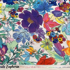 May include: A white fabric with a colorful floral print. The flowers are in shades of pink, blue, yellow, orange, and red. The fabric is 100% cotton and is perfect for quilting, sewing, and crafting.