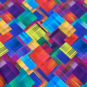 May include: Abstract geometric fabric with a colorful pattern of overlapping squares in shades of red, blue, green, yellow, and purple.