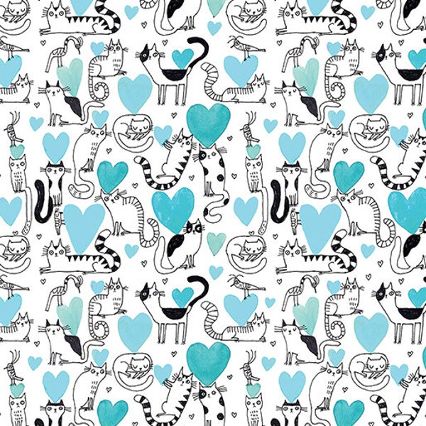 Cats and Hearts Fabric, It's Raining Cats and Dogs, Benartex Fabrics