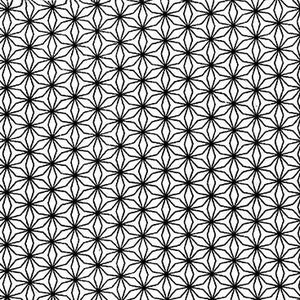 May include: A repeating pattern of black geometric shapes resembling stylized flowers or stars. The design is symmetrical and covers the entire surface, creating a visually dense and intricate texture. The background is white.