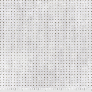 May include: A fabric with a repeating pattern of small, metallic-looking stars on a white background. The stars are evenly spaced and create a textured appearance. The fabric has a vintage or distressed look.