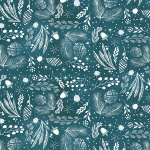 May include: A teal blue background with a white repeating pattern of pine branches, acorns, berries, and snowflakes.