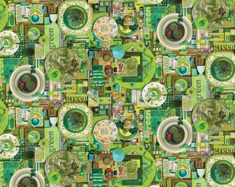 Green Collage Fabric, Shelley Davies, Northcott Fabric