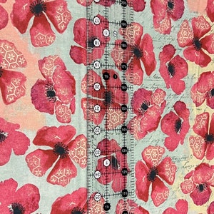 Large-scale poppies with ruler showing size. 108in wideback