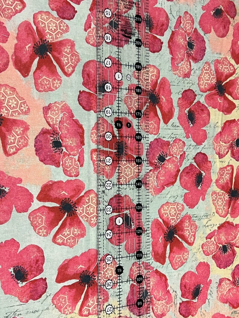 Large-scale poppies with ruler showing size. 108in wideback